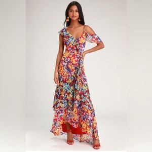 Radiant Ruby Red Floral Print Chiffon Maxi Dress